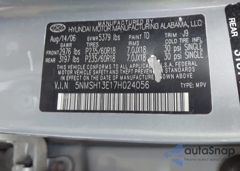 2007 Hyundai Santa Fe Limited/Se from USA, damaged, VIN 5NMSH13E17H024056